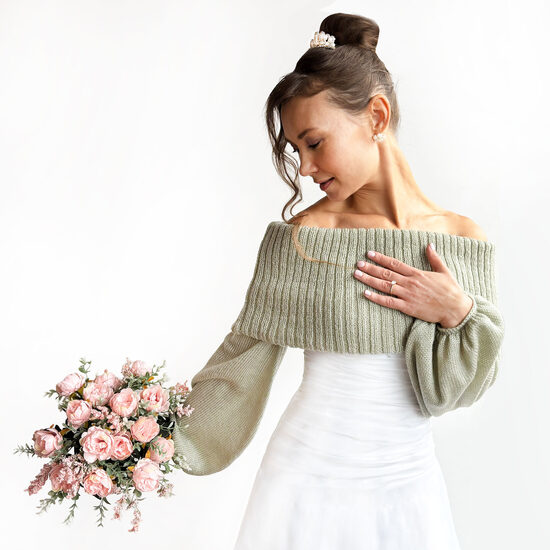 Sage Green Knitted Bridal Wrap, Off Shoulder Wedding Shrug, Winter Bridesmaid Cover Up, code WG61